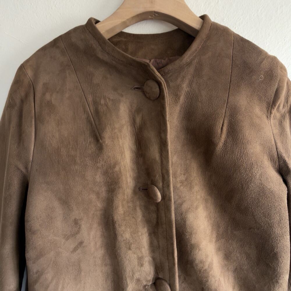 Vintage 1960s Camel Suede Collarless Swing Coat Covered Buttons Mid Century Sz 8 - Picture 6 of 12